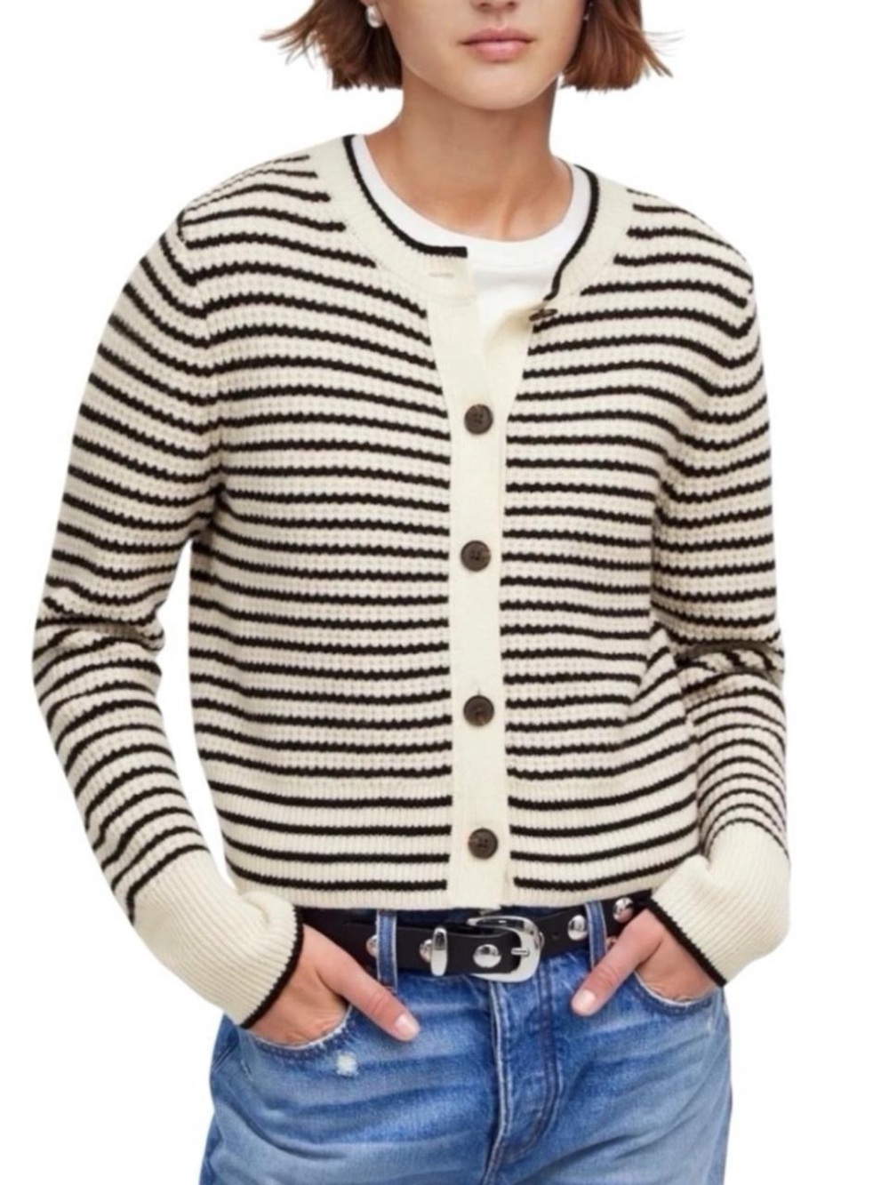 Madewell Striped Waffle Knit 100% Wool Cropped Cardigan in Winter White XXS